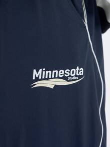 INFLATION 男裝寬鬆修身拼接褲，印花字母和曲線剪裁 - 寶藍色 - 查看 3