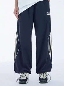 INFLATION 男裝寬鬆修身拼接褲，印花字母和曲線剪裁 - 寶藍色 - 查看 6