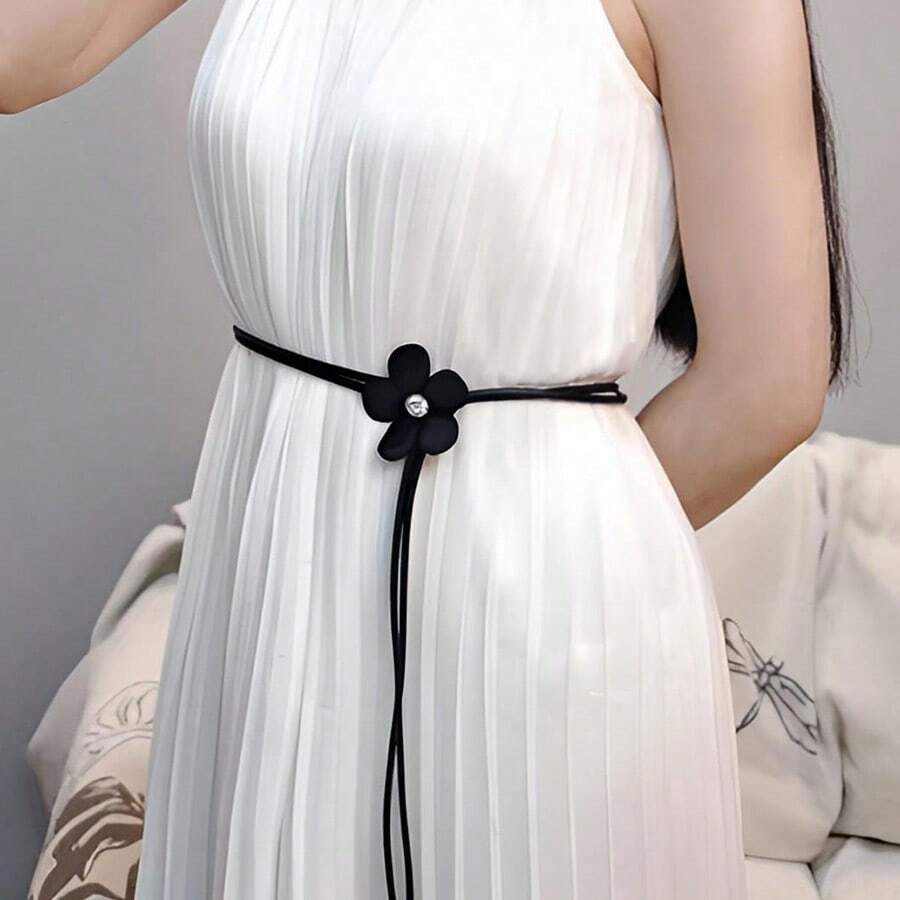 1入組女士花卉細繩皮帶，白色，夏日新款連衣裙裝飾系帶 - 黑色 - 查看 1