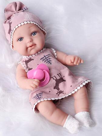 DOLL MEET One Piece 12.6 Inches Newreborn Baby Doll Light Pink Color Clothes Vinyl Body 32cm Realistic Reborn Baby Dolls With Fashion Stocking & Hat, Perfect Birthday Gift For Girls 3+