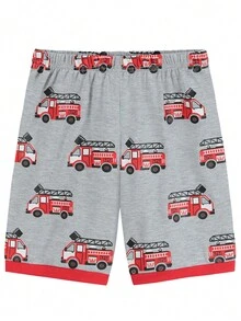 ชุดนอนเด็กผู้ชาย ใหม่ปี 2025, ชุดเสื้อผ้าใส่อยู่บ้านเด็กฤดูใบไม้ผลิ/ฤดูร้อน, ชุดเสื้อยืดแขนสั้นกางเกงขาสั้นพิมพ์รถกู้ภัยการ์ตูน, ชุดใส่อยู่บ้านเด็ก, ชุดใส่อยู่บ้านแบบเบาๆ สำหรับเด็กผู้ชาย - สีเทา - ดู 4