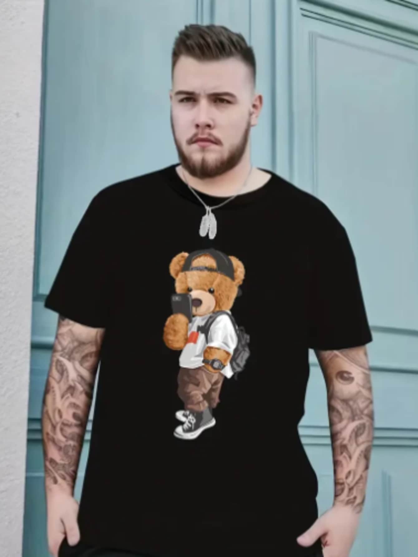 Camiseta Masculina Streetwear urso drip t-shirt Camisa plus size Algodão premium - Preto - Visão 1