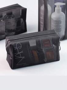 1pc Portable & Simple Travel Makeup Brush Storage Bag With Nylon Mesh, Large Capacity Cosmetic Bag, Ideal For Lipstick, Cushion Puff & Brush, Classic Design, Black Transparent, Good Choice As A Gift