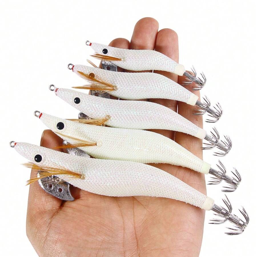 HENGJIA 1pc 2.0# 2.5# 3.0# 3.5# 4.0# Luminous Squid Jigs Prawn Hook Bionic Wood Shrimp Baits Fishing Lures For Cuttlefish Saltwater Sea Fishing Tackle