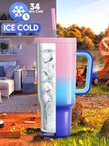 40 oz / 1,2 L Becher mit Griff, isolierter Becher, vakuumisolierte Trinkflasche, auslaufsicherer Deckel und Strohhalm, isolierter Kaffeebehälter aus Edelstahl, hält Getränke 34 Stunden kalt oder 10 Stunden warm (Violett-Blau-Rosa Verlauf)