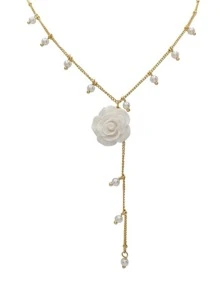 topshiny 1 件韩国优雅玫瑰花流苏项链，奢华小众风格，人造珍珠吊坠，适合女士情人节 - 白色 - 查看 2