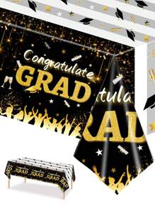 1片137*274cm/54*108in一次性派對裝飾桌布，黑金畢業帽設計畢業主題桌布，適用於各種畢業主題派對。 - 彩色 - 查看 1