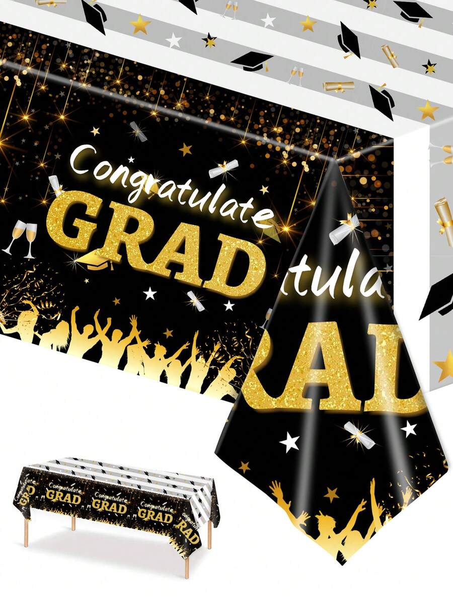 1片137*274cm/54*108in一次性派對裝飾桌布，黑金畢業帽設計畢業主題桌布，適用於各種畢業主題派對。 - 彩色 - 查看 1