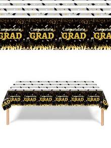 1片137*274cm/54*108in一次性派對裝飾桌布，黑金畢業帽設計畢業主題桌布，適用於各種畢業主題派對。 - 彩色 - 查看 4