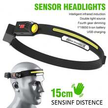 Linterna frontal recargable USB con sensor LED de vista completa de 230° XPE+COB, antorcha impermeable para acampar, luz frontal para pesca - Negro - Ver 2