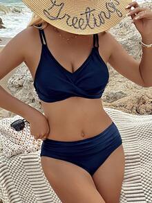 Women's Sexy Solid Color Two-Piece Bikini Set, Including Camisole Top And Triangle Bottom Separated Bathing Suit Summer Beach - Blue - View 6