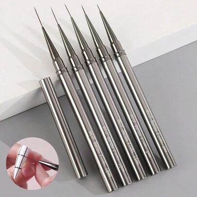 5pcs/Set Nail Liner Brush, DIY Drawing Painting Flower Line Stripes Pen 6/9/12/15/18mm Metal Handle Nail Art Brush With Cover Nail Brushes