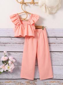 Young Girl Off-Shoulder Tank Top And Wide Leg Pants Set, Summer Casual Fashion Outfits - Pink - View 7