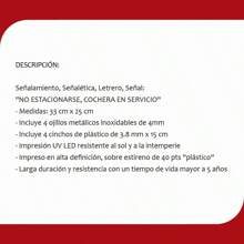 Señalamiento, Señalética, Letrero, Señal: "No estacionarse, cochera en servicio", medidas 33 cm x 25 cm. Resistente al sol y a la intemperie. - Rojo y blanco - Ver 3