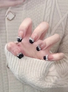 10pcs/Set Handmade Press On Nails Medium,Sparkling Bow Decoration Nail Art,Women Girls Manicure Decorations,Reusable Nails,Gifts For Ladies Nail Supplies