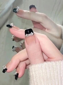 10pcs/Set Handmade Press On Nails Medium,Sparkling Bow Decoration Nail Art,Women Girls Manicure Decorations,Reusable Nails,Gifts For Ladies Nail Supplies
