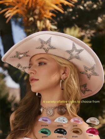 1 件女士毡帽，时尚纯色羊毛毡帽，带水钻星星装饰，宽边遮阳帽，适合户外、婚礼，男女通用
