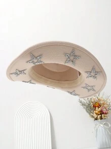 1 Stück Damen Filzhut, moderner einfarbiger Woll-Filzhut mit Strass-Stern Dekor, Sonnenhut mit breiter Krempe, vielseitig einsetzbar für Outdoor, Hochzeit, Unisex