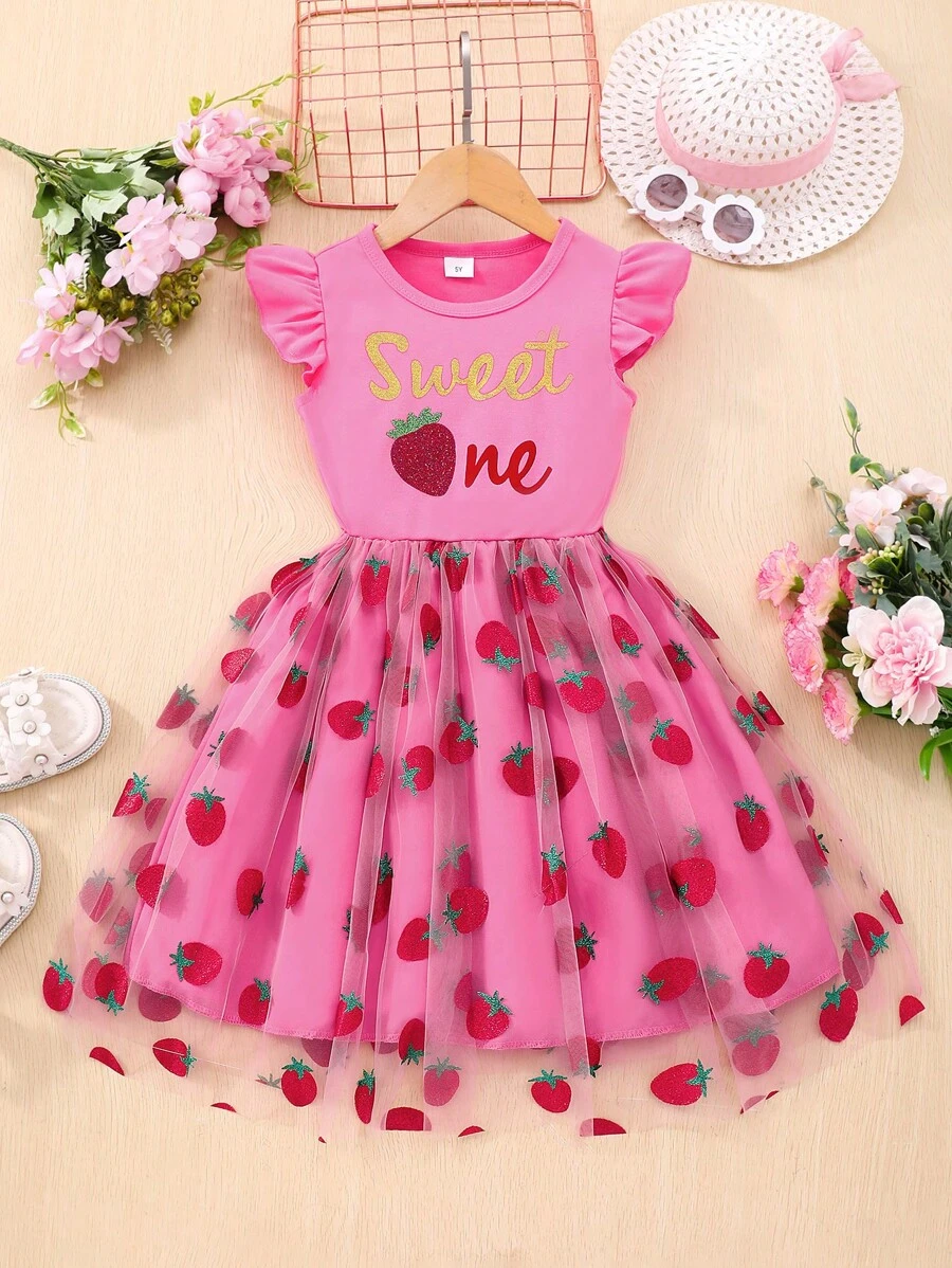 Young Girl Strawberry Printed Flutter Sleeve Casual Dress With Mesh Splicing - Hot Pink - View 1