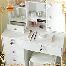 Large Vanity Desk With LED Lighted Mirror & Power Outlet, Makeup Vanity Table With 5 Drawers,Storage, Brightness & Lighting Color Adjustable, Come With Stool, For Bedroom, Bathroom - 10LED - View 11