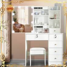 Large Vanity Desk With LED Lighted Mirror & Power Outlet, Makeup Vanity Table With 5 Drawers,Storage, Brightness & Lighting Color Adjustable, Come With Stool, For Bedroom, Bathroom - 10LED - View 1