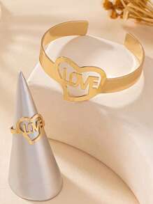 1對時尚金屬手鐲和戒指套裝，印有英文字母，適用於女士 - 假日禮物