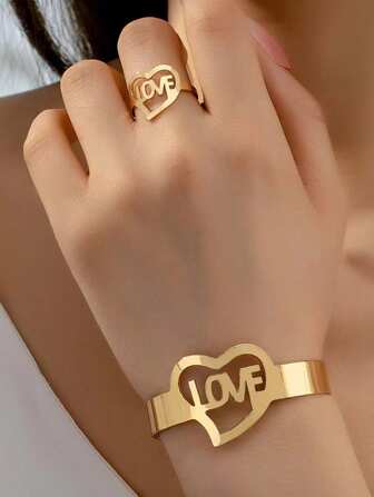 1對時尚金屬手鐲和戒指套裝，印有英文字母，適用於女士 - 假日禮物