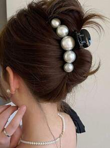 1 pieza Pinza de pelo negra con perla falsa blanca, accesorio para peinado de uso diario - Blanco y Negro - Ver 10
