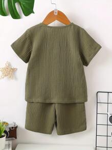 2 件套男童休闲纯色短袖上衣 + 纯色短裤套装，夏季 - 軍綠色 - 查看 2