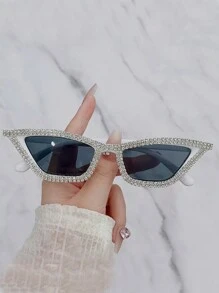 1pc Fashionable Women Asymmetrical Cat Eye Fashion Glasses With White Frame And Crystal Inlay Suitable For Daily Wear - White - View 1