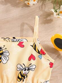 Conjunto de 2 piezas para bebé niña con vestido de verano con estampado de abejas y gorro en estilo casual - Amarillo - Ver 4