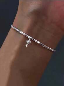 1pc Simple Style Zirconia Inlaid Lucky 8 Infinity Silver Bracelet For Women, Inlaid With Blue Rhinestone Eye, Suitable For Daily Wear And Fashion Charm Jewelry, Great As A Gift For Sisters Or Mother's Day
