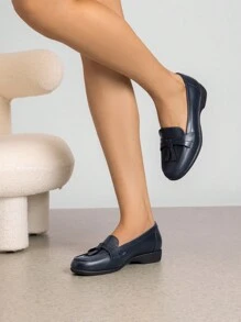 Women's Loafers Slip-On Arch Support Business Casual Work Comfortable Dressy Faux Leather  Round Toe Flats Shoes With Tassel Decoration Shoes - Màu xanh hải quân - Xem 5