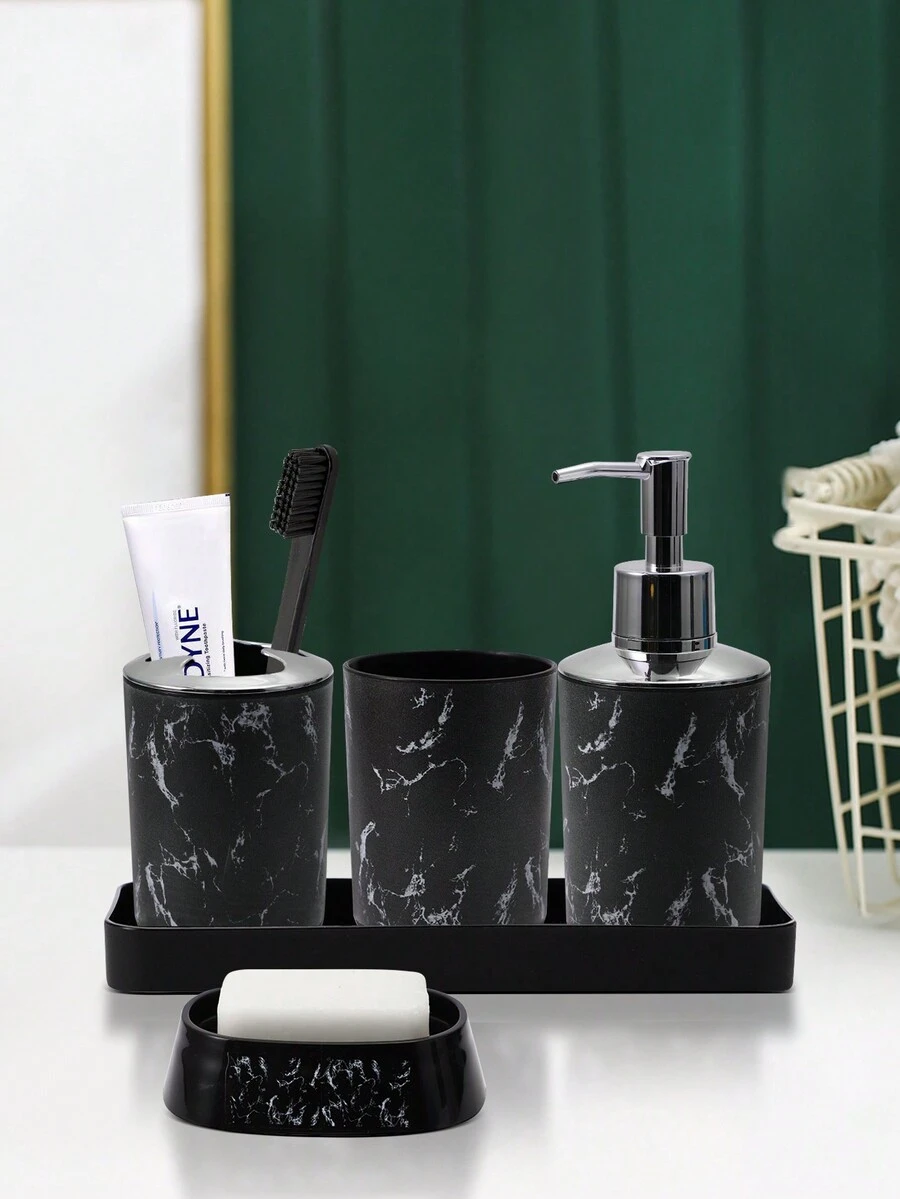 5pcs Marble Pattern Bathroom Accessory Set Including Toothbrush Holder