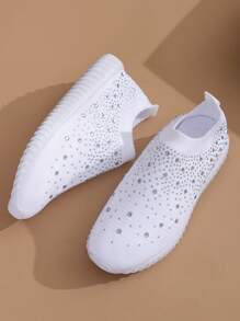 女士休闲水钻蝴蝶结运动鞋 - 优雅白色一脚蹬鞋，水晶装饰，轻质面料，低帮，适合所有季节