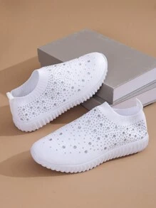 女士休闲水钻蝴蝶结运动鞋 - 优雅白色一脚蹬鞋，水晶装饰，轻质面料，低帮，适合所有季节