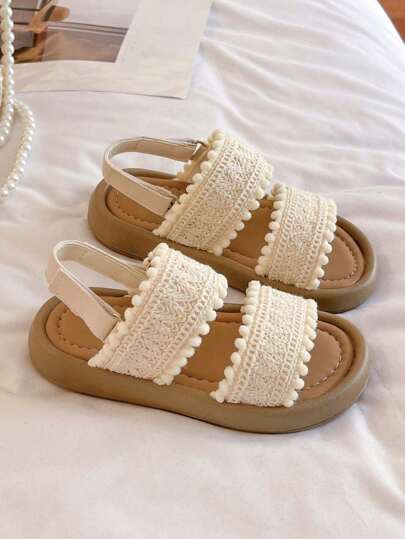 1pair Girls Braided Princess Style Soft Bottom Cute Sandals, Summer