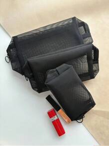 1pc Portable & Simple Travel Makeup Brush Storage Bag With Nylon Mesh, Large Capacity Cosmetic Bag, Ideal For Lipstick, Cushion Puff & Brush, Classic Design, Black Transparent, Good Choice As A Gift