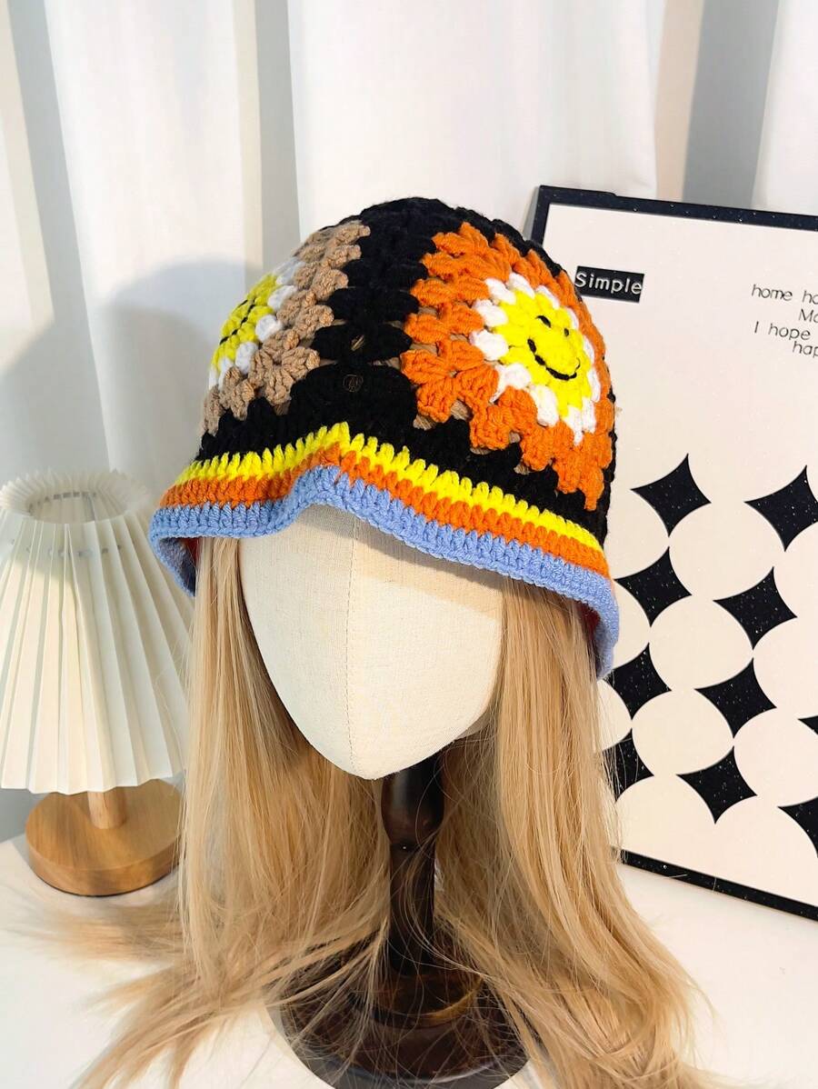 1pc Women's Colorful Handmade Y2K Knitted Hat, Fashionable And Versatile Hollow Out Bucket Hat, Suitable For Daily Wear, Streetwear, Boho Style - A - View 1