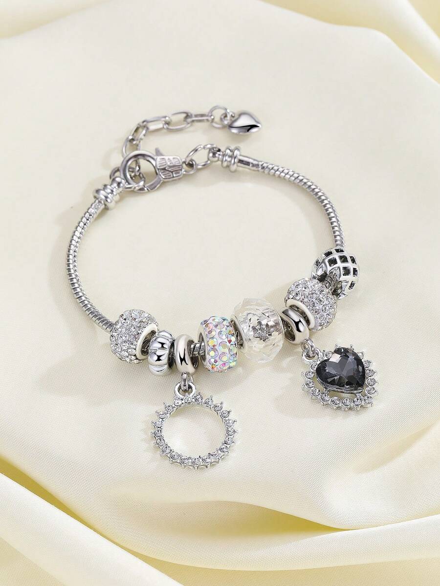 1入女性魅力手鍊，鑲嵌鋯石圓環和心形吊墜，柔軟陶瓷珠串成的線