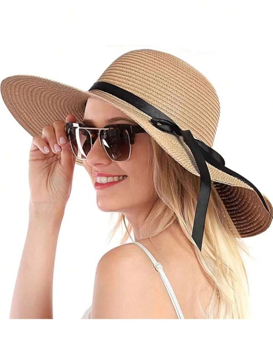 1 Mũ chống nắng rộng vành thời trang dành cho nữ có dây đeo màu đen, Mũ đi biển có ống hút - Màu Khaki - Xem 1
