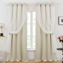 2pcs Sheer Overlay Blackout Curtains, Room Darkening Curtains For Bedroom, Living Room, Grommet Double Layer Thermal Insulated Curtains With Tie Backs - Light Beige - View 1