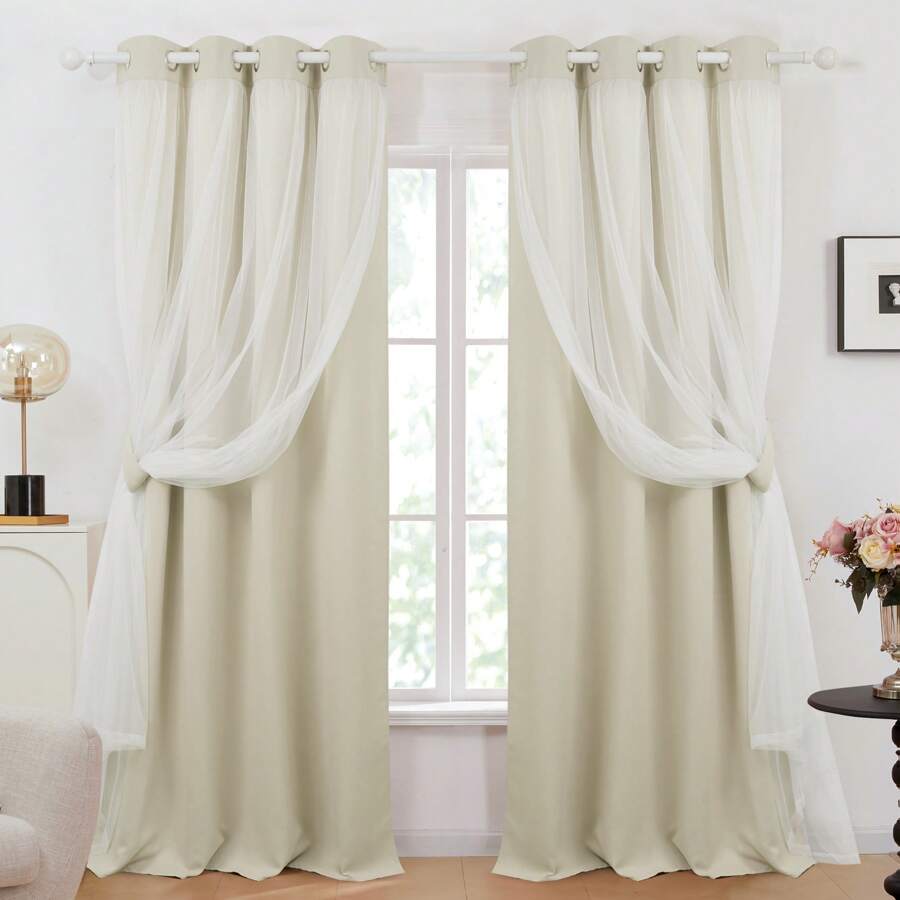 2pcs Sheer Overlay Blackout Curtains, Room Darkening Curtains For Bedroom, Living Room, Grommet Double Layer Thermal Insulated Curtains With Tie Backs - Light Beige - View 1