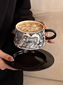 1入組250ml復古豪華瓷咖啡杯和茶碟套裝，手繪老虎拿鐵，精美下午茶杯禮物 - 彩色 - 查看 14