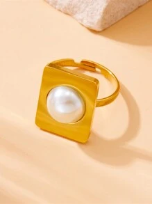 1個鍍金不銹鋼方形半圓珍珠開口可調節戒指 - 彩色 - 查看 2