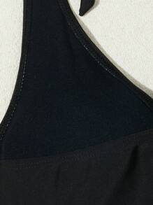 Summer Beach Solid Color Halter Neck Top With Drawstring Side Short Bottoms, 2pcs Tankini Swimwear Set