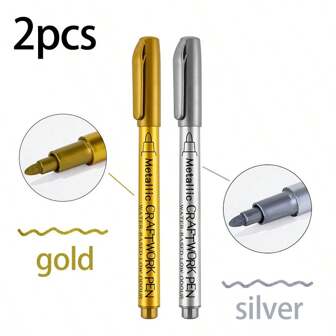 2 piezas Pluma marcadora de pintura de artesanía de oro y plata, pluma de graffiti de escritura a mano DIY para firmar, marcar, adecuado para vidrio, madera, metal y otros materiales