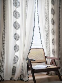 2面幾何半遮光波西米亞亞麻窗簾帶流蘇，4種安裝方式：胡克帶/桿式口袋/扣環頂部/後翻，適用於臥室客廳裝飾窗戶 - 彩色 - 查看 2