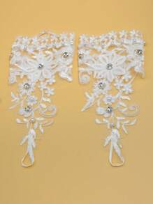 1 双新款新娘蕾丝婚纱手套，带水钻，短款渔网手套无指，适用于婚纱摄影工作室情人节秋季配饰 - 白色 - 查看 4