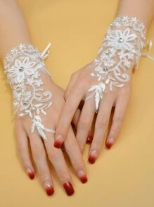 1 双新款新娘蕾丝婚纱手套，带水钻，短款渔网手套无指，适用于婚纱摄影工作室情人节秋季配饰 - 白色 - 查看 1